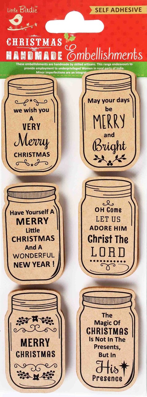 Little Birdie Kraft Printed Mason Jar Tags 6/Pkg-Merry Christmas
